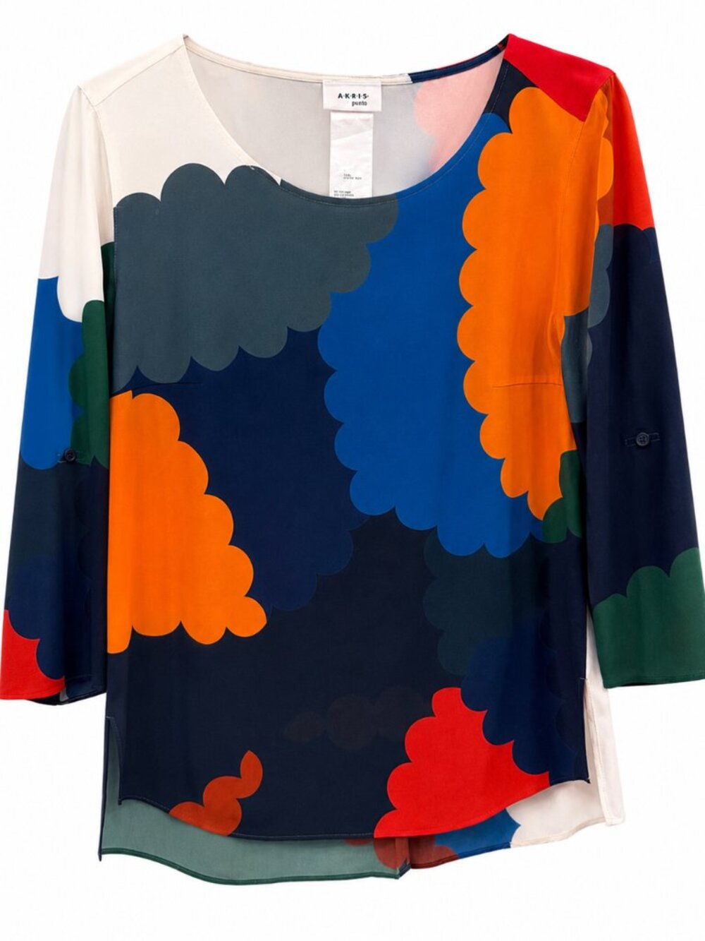 Akris Punto Silk Abstract Floral Print Blouse Size 8 Multicolor Boat Neck High L